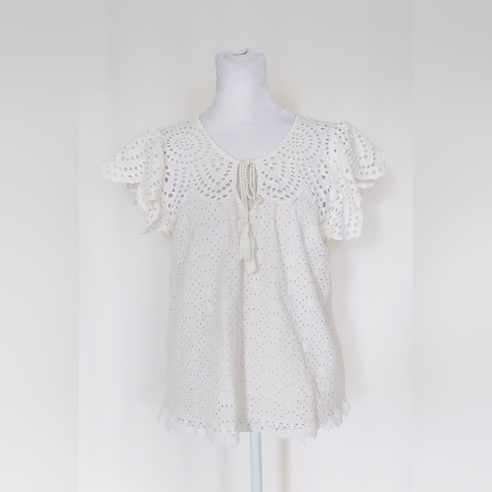 Jennifer & Grace Eyelet Lace Flutter Sleeve Ecru Top Sz Small Ivory 100% Cotton